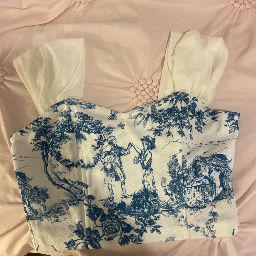 SHEIN White and Blue Sleeveless Crop Bustier Blouse